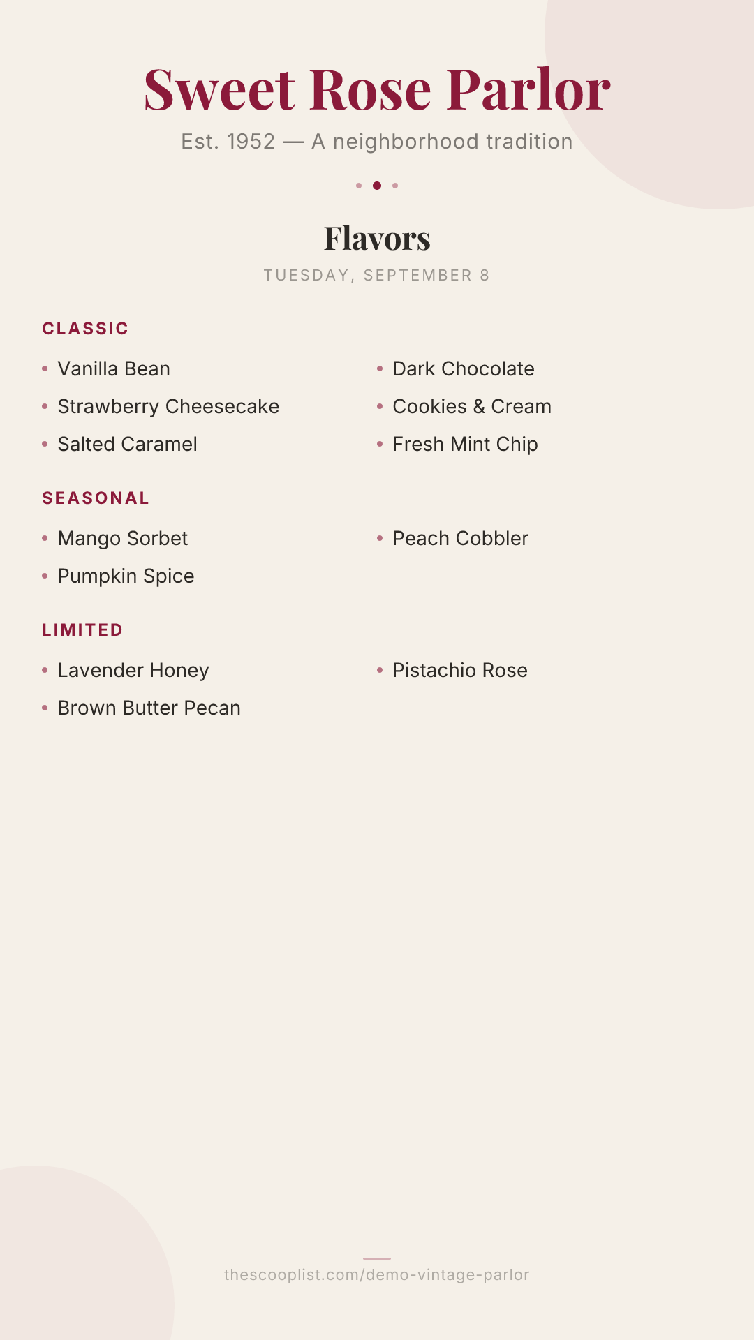 Sweet Rose Parlor — Today's Flavors